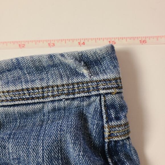 Lei Women's Blue Denim Skirt Distressed Pockets Embroidery Split in Back Y2K 7 - Picture 9 of 13